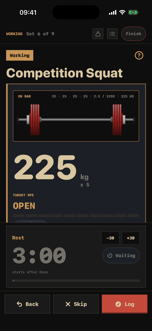 PowerliftME cockpit — 225 kg on the bar, plates per side, target RPE